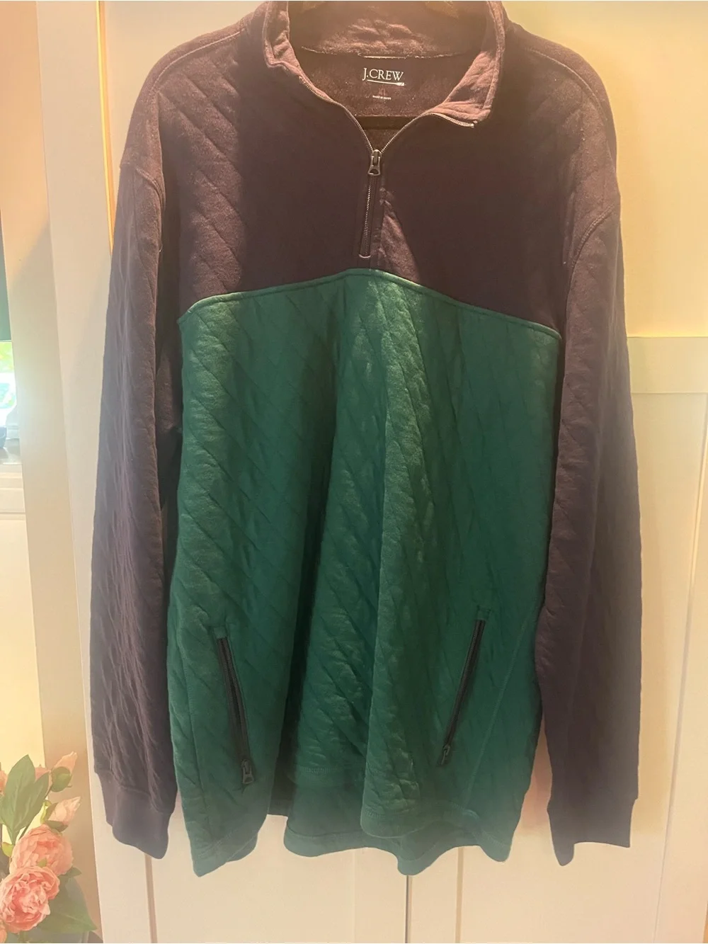 J. Crew Green and Navy Quilted Half-Zip Pullover